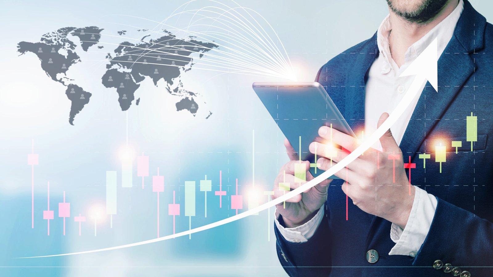 Double exposure of businessman using the tablet with cityscape and financial graph on blurred building background, Business Trading concept.